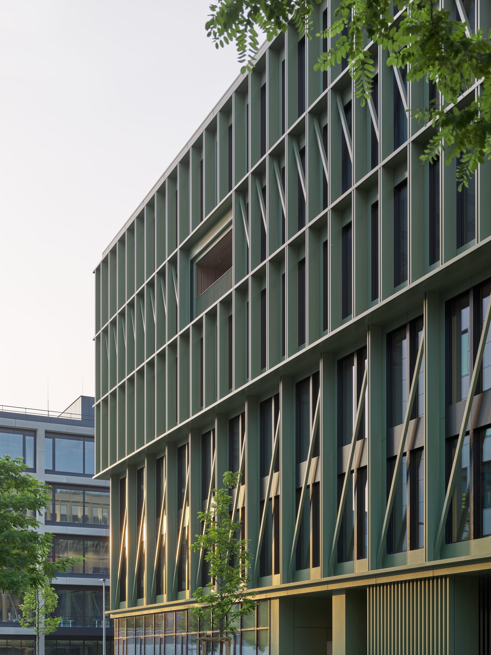 Grünes modernes Gebäude mit Glasfassade und Bäumen.